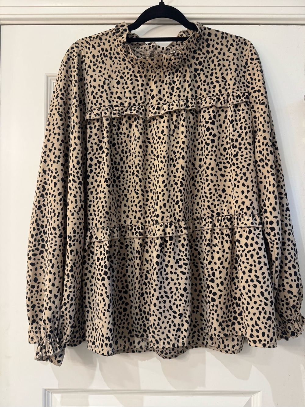 Beige Animal Print Ruffle Blouse | Mock Neck | Long Sleeve | Size XL